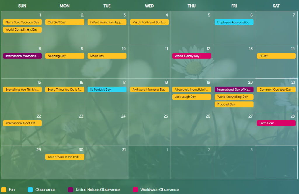March promotional events calendar